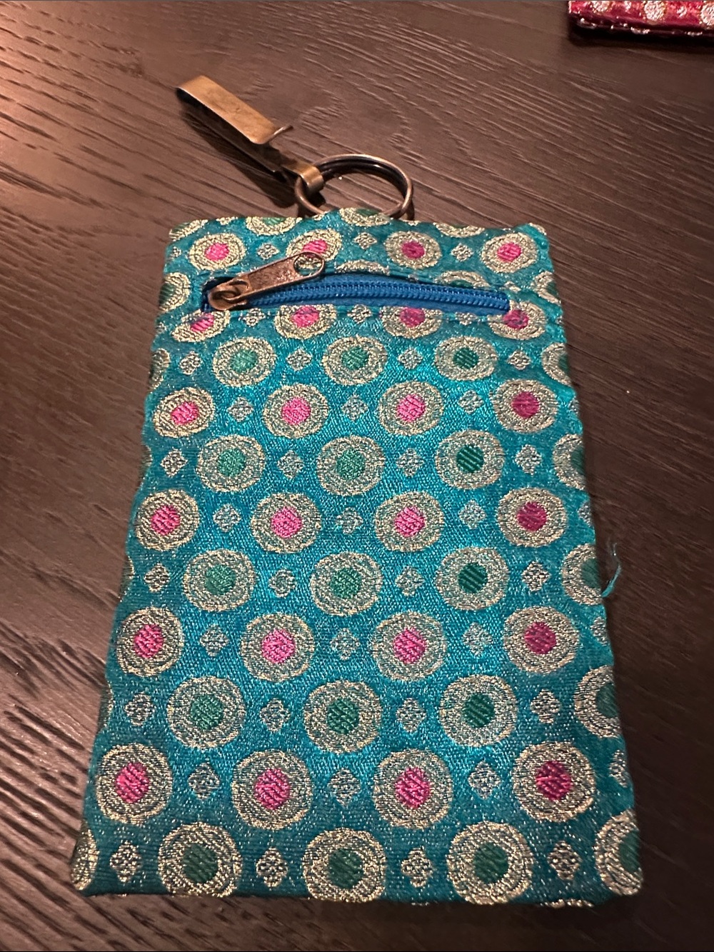 Hand Crafted Teal Embroidered Circle Zip Pouch Keyring